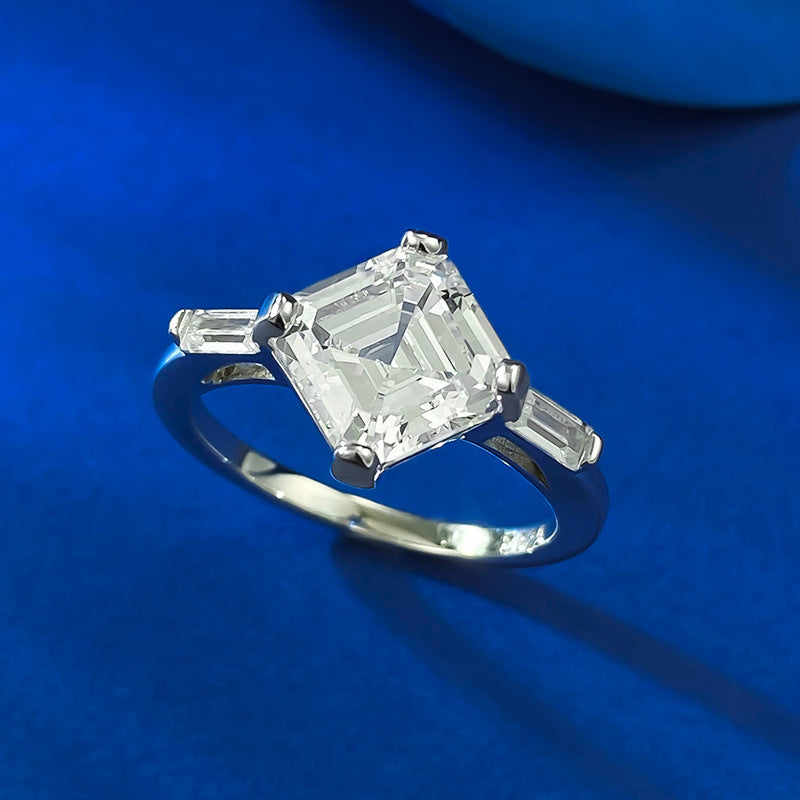 Asscher Cut Solitaire Engagement Ring in Sterling Silver