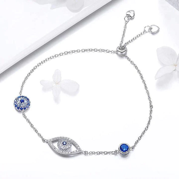 Lucky Blue Eye Design 925 Sterling Silver Slider Bracelet