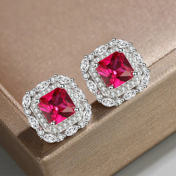 Red Gem Double Halo 925 Sterling Silver Stud Earrings