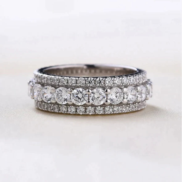 Eternity Round Cut Triple-Row Wedding Band In Sterling Silver