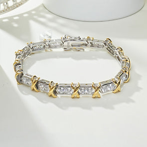 Two Tone X Round Cut Bracelet in Sterling Silver
