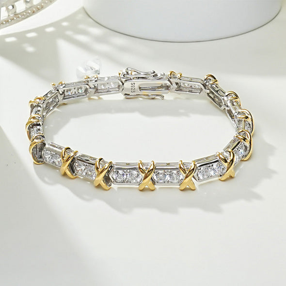 Two Tone X Round Cut Bracelet in Sterling Silver