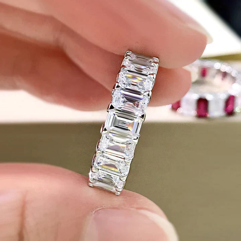 Multi-Colored Eternity Emerald Cut Sterling Silver Wedding Band