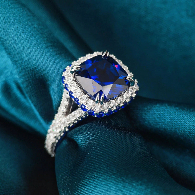 Retro Sapphire Blue Cushion Cut Halo Sterling Silver Engagement Ring