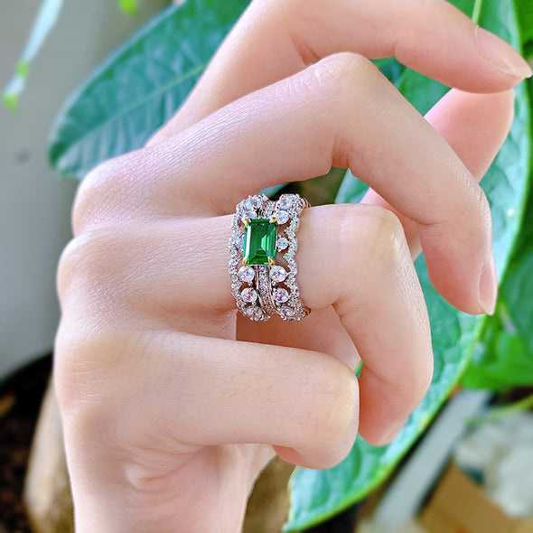 Emerald Double Row Sterling Silver Engagement Ring
