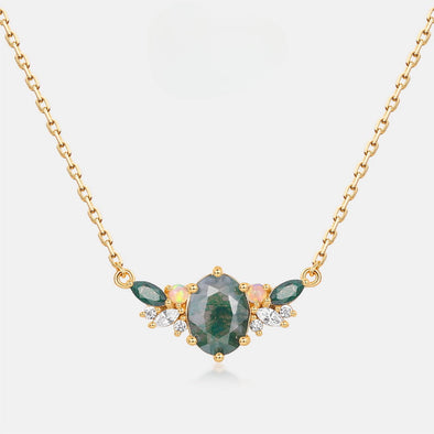 Luxury Natural Green Moss Agate Silver Neckalce