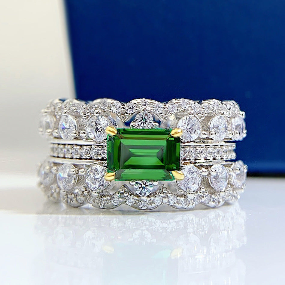 Emerald Double Row Sterling Silver Engagement Ring