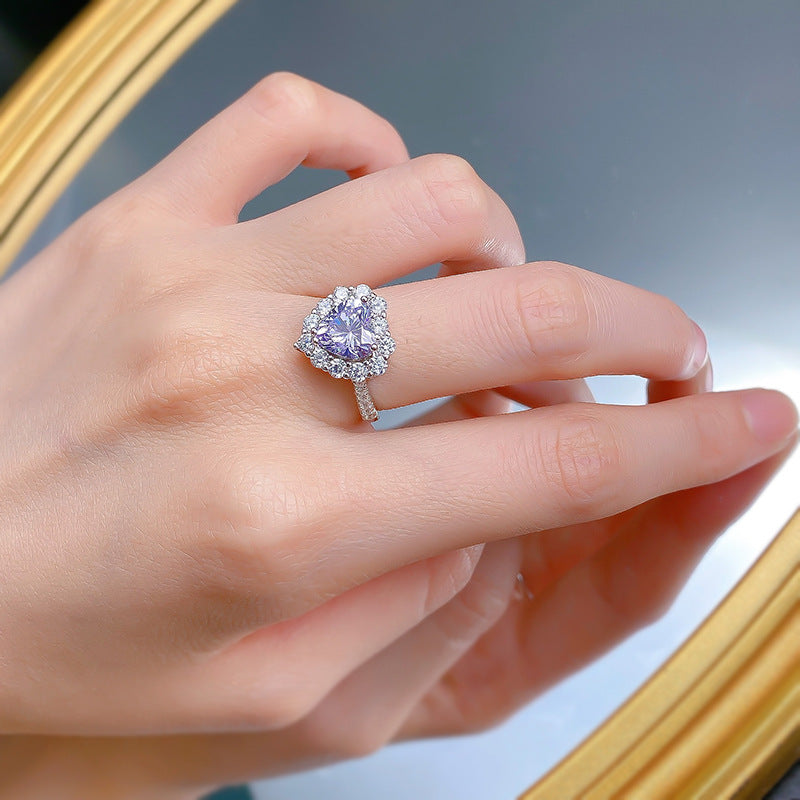 Gorgeous Purple Stone Heart Cut Engagement Ring In Sterling Silver