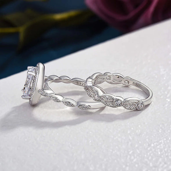 Unique Design Leaf & Vine Halo Oval Cut Bridal Set