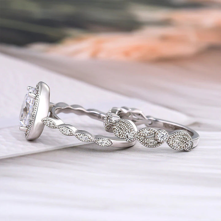 Unique Design Leaf & Vine Halo Oval Cut Bridal Set