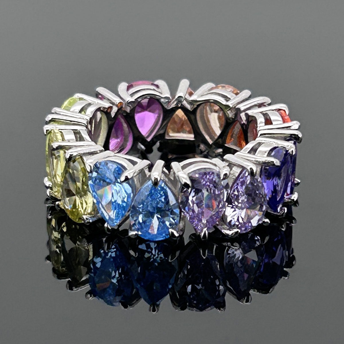 7.5ct Pear Cut Multi Color Rainbow Color Sterling Silver Eternity Ring