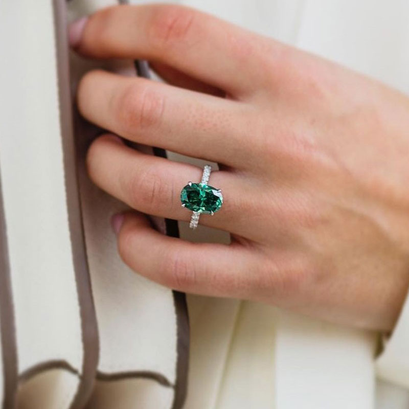 Classic Oval Cut Emerald Green Engagement Ring In Sterling Silver