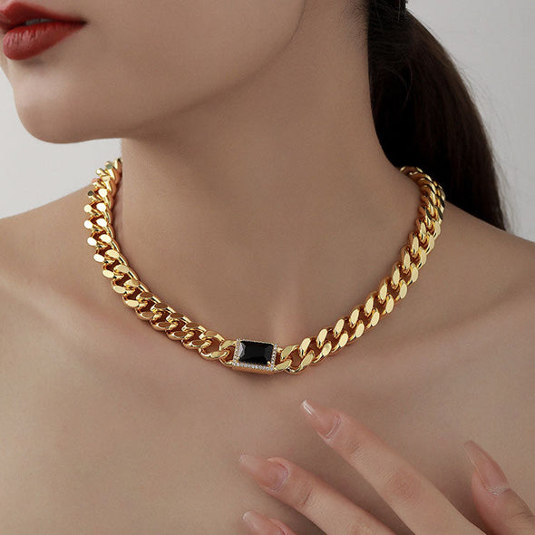 Vintage Obsidian Golden Tone Necklace