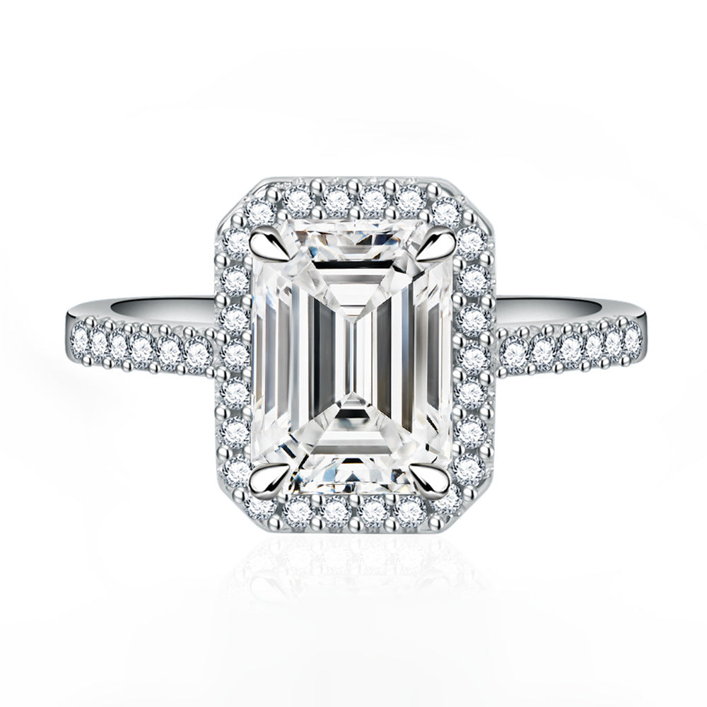 Multi-Color Halo Emerald Cut Engagement Ring In Sterling Silver