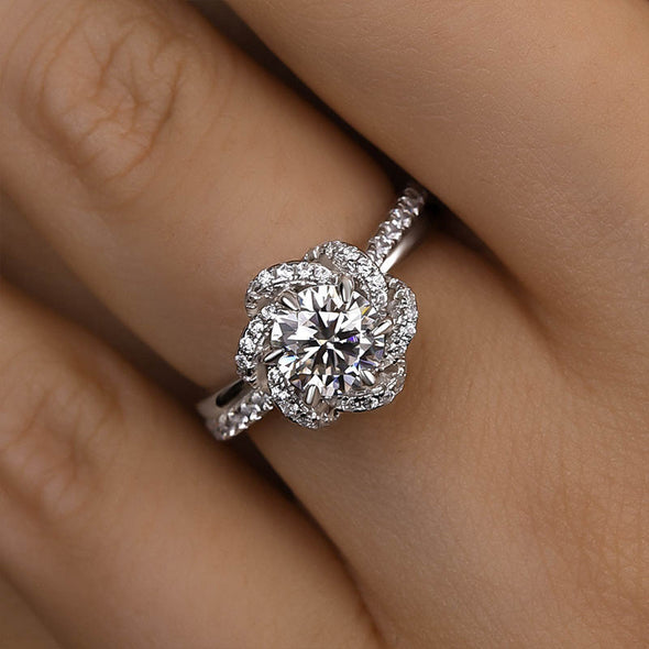 Flower Inspired Twist Design Engagement Ring in Sterling Silver