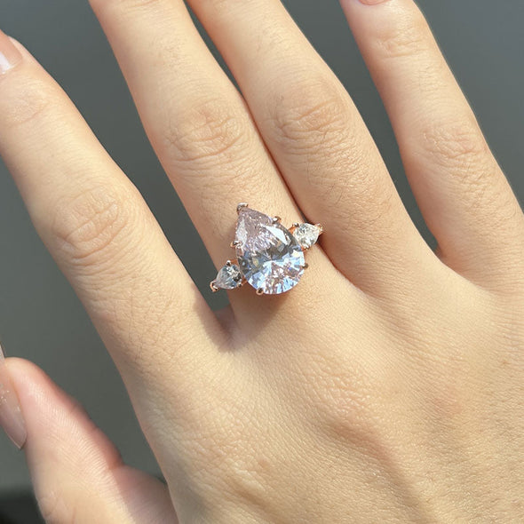Pink Pear Cut Three Stone Sterling Silver Engagement Ring