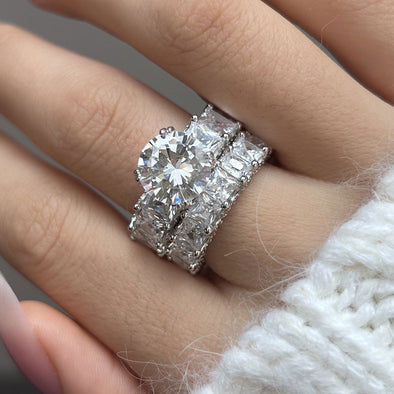 Round Cut Eternity Sterling Silver Bridal Set Ring with Eternity Band